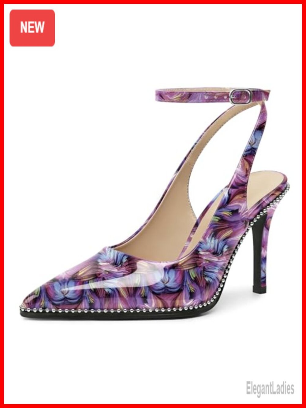 Slingback Heels Ankle Strap Pointed Toe Stiletto Beaded Pumps